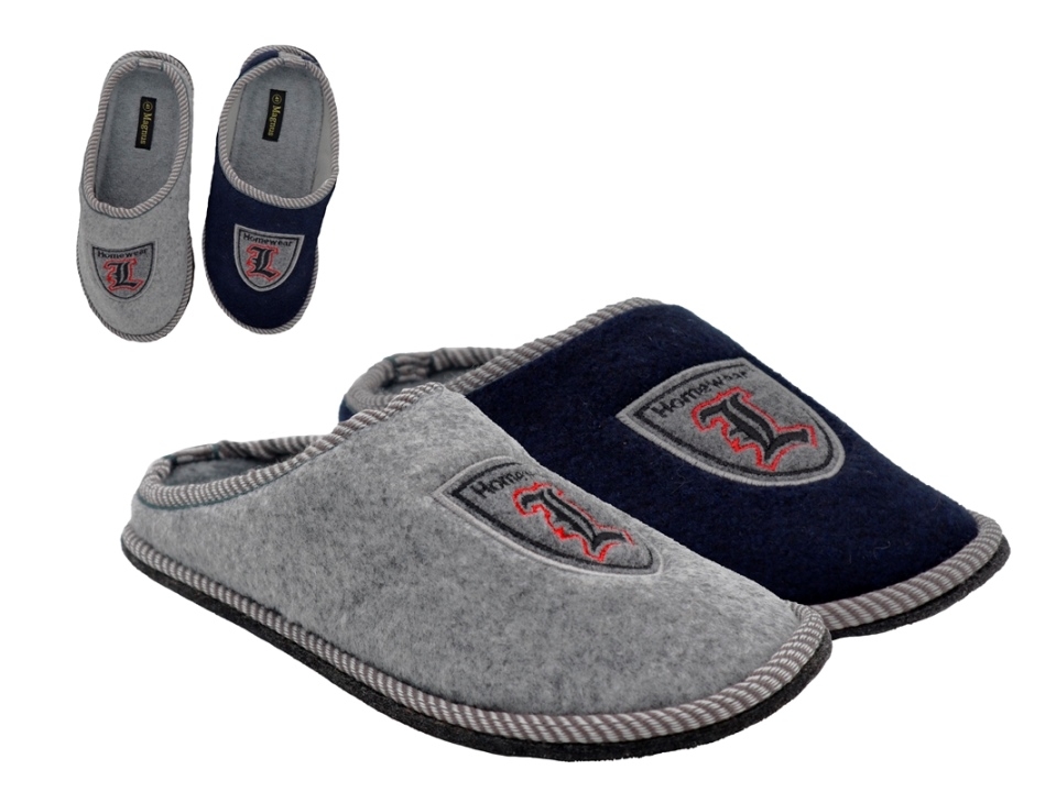 .He.-Pantoffel, Filzsohle mit Noppen, Filz, Stickerei Emblem, grau+navy