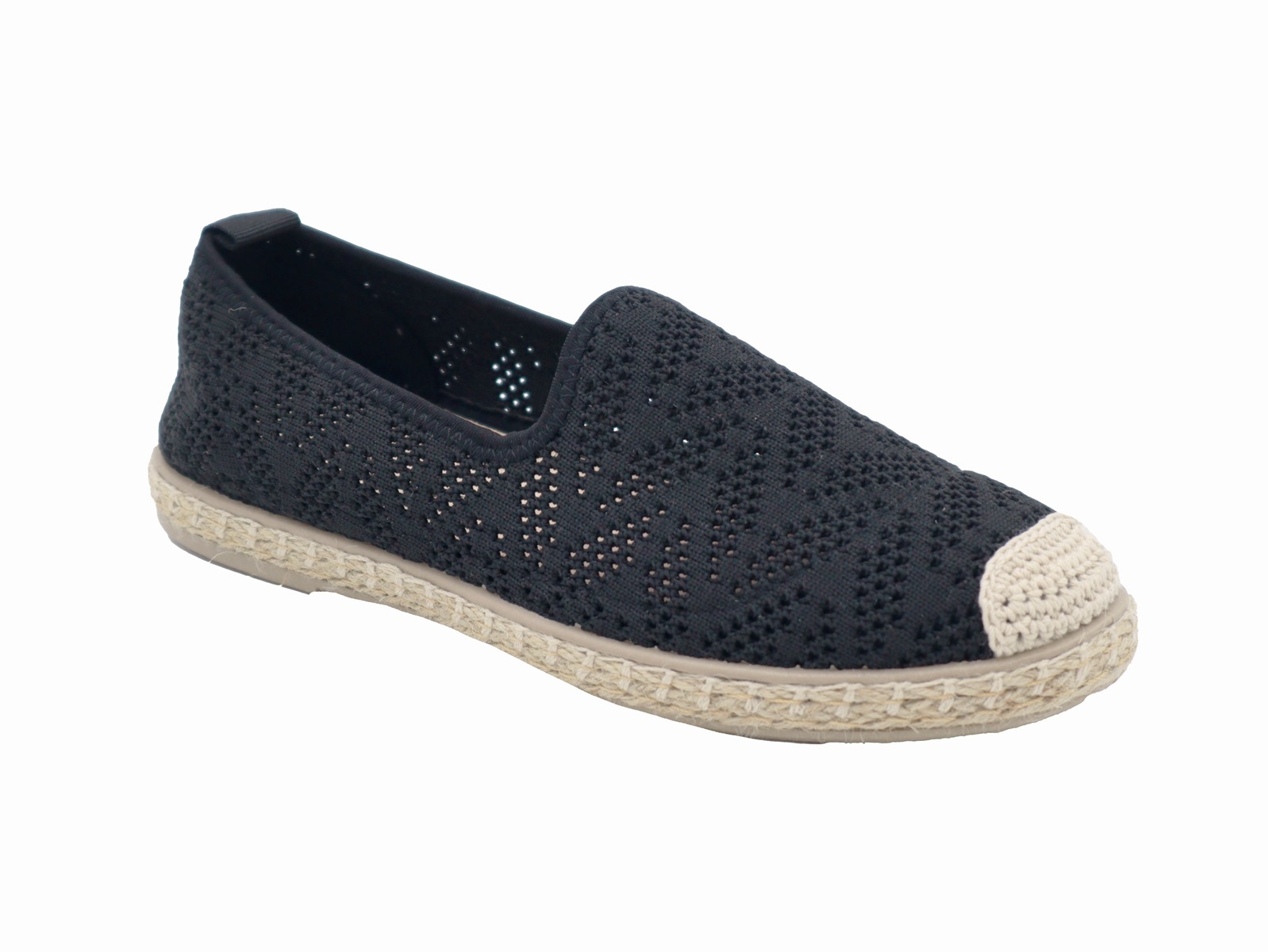 .Da.-Espadrilles, PVC-Sohle, Lochmuster, Sisalrand, Textil, schwarz