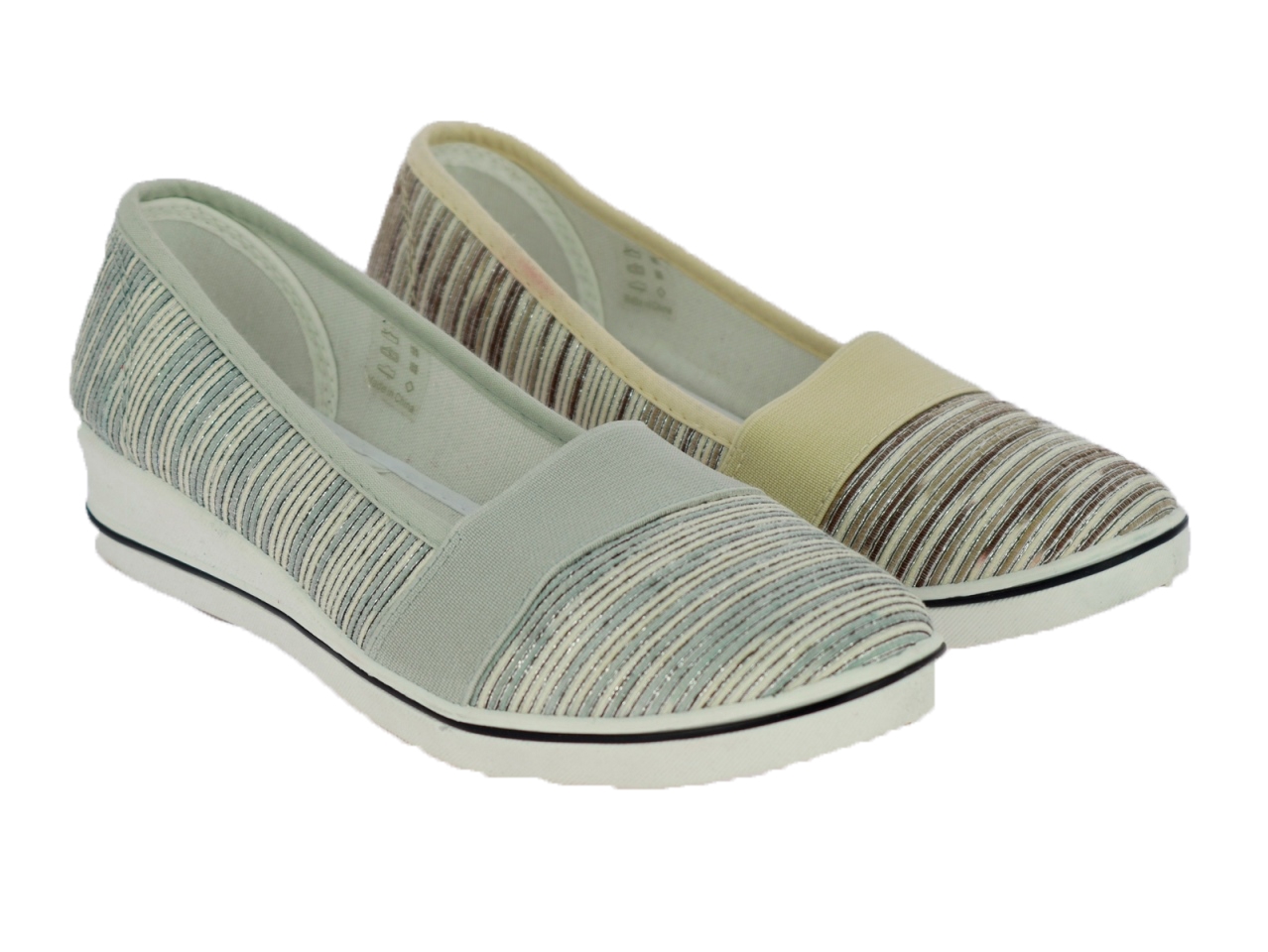.Da.-Leinenschuh, Slipper, PVC-Keilsohle, br. Gummizug, Textil, grau-silber +beige-silber