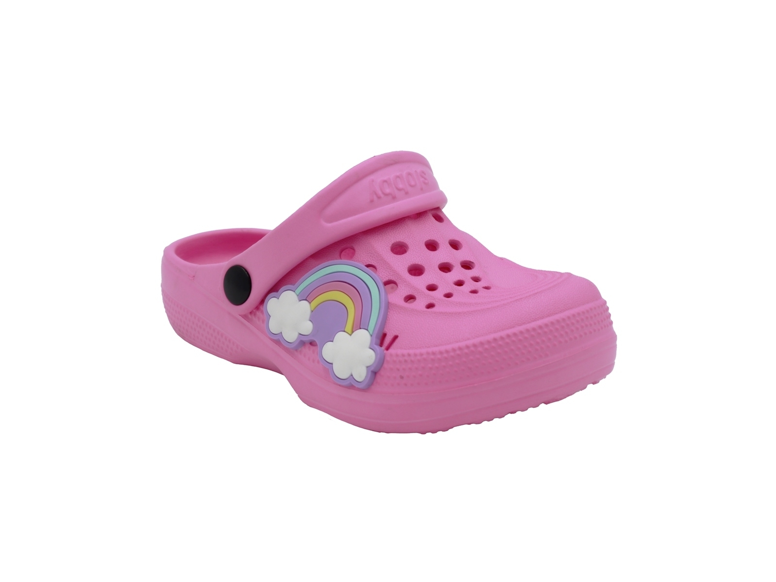 .Ki.-EVA-Clogs, SLOBBY, mit Löcher+Riemen, "Dino+Regenbogen", pink