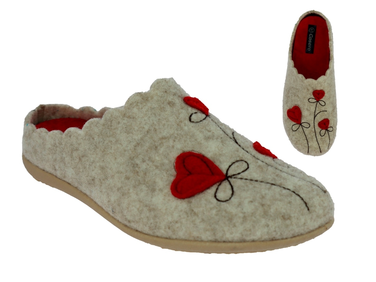 .Da.-Pantoffel, Sp., beige Sohle, aufgenähte Herzen, wellenförmiger Rand, herausnehmb. Innensohle, Filz/Mischgew., beige-rot