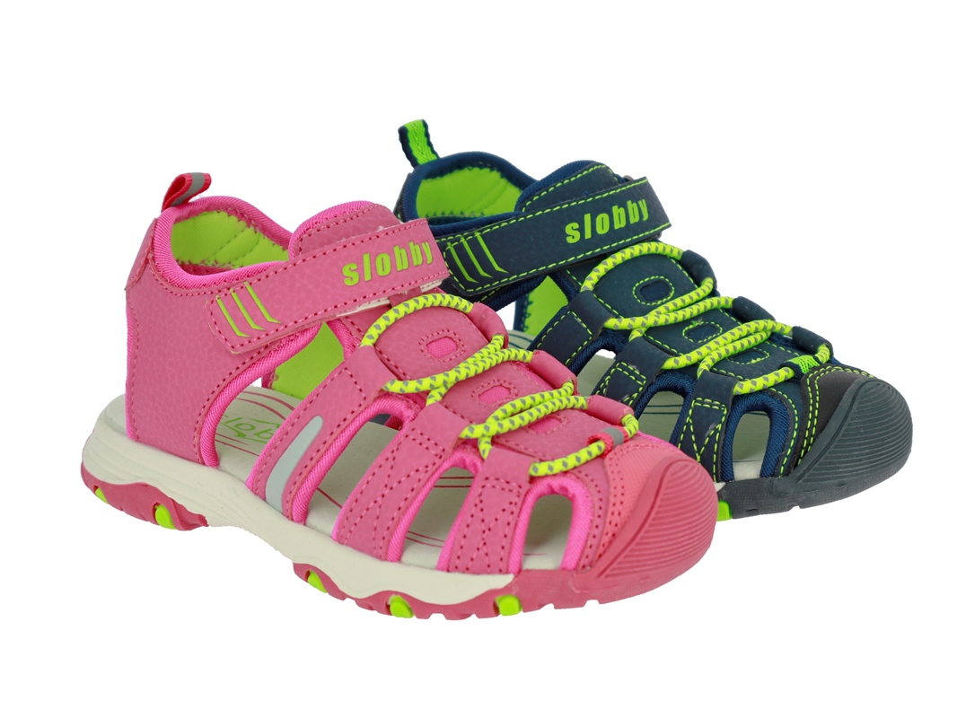 .Ki.-Sandalette, TPR-Sohle, Klettverschluss + elast. Band, Lederinnensohle, PU, navy-grün+pink-grün