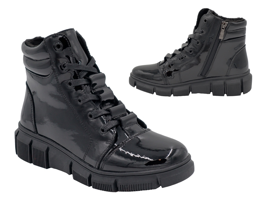 .Da.-Knöchelschuh, TPR-Sohle, seitl. Reißverschluss + Schnürung, Warmfutter, PU, schwarz