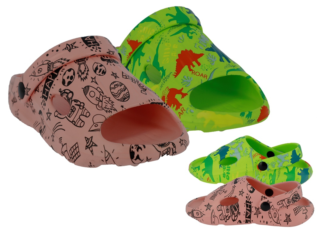 .Ki.-Badepantolette, EVA, 1 Bandage, mit Riemen, "Dinosaurier+Astronauten", grün+rosa