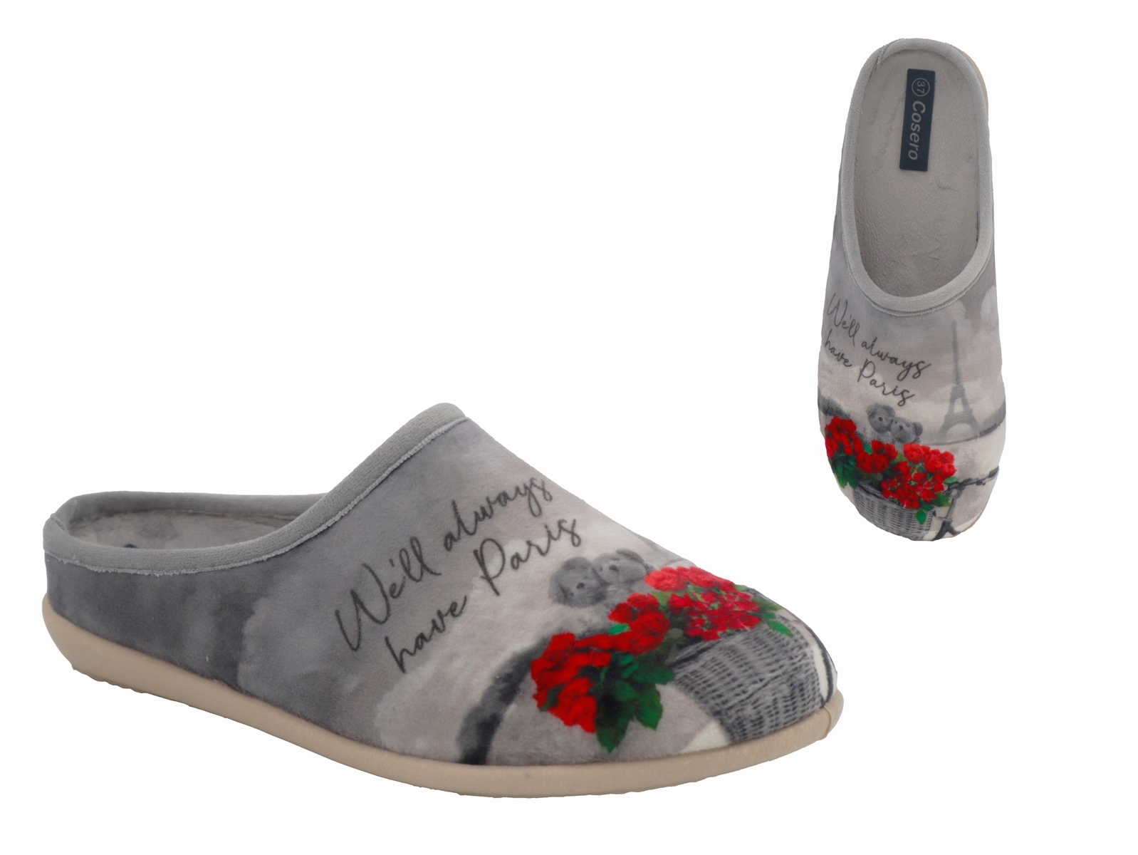 .Da.-Pantoffel, Sp., PU-Sohle, Blumen, mit Wechsel-FB, Polarfleece, grau