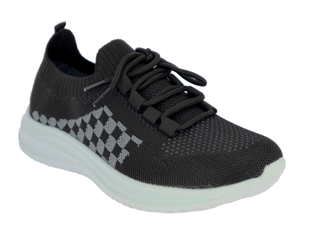 .Da.-Sportschuh, EVA-Sohle, Schnürung, Strickoptik, Karomuster, Textil, schwarz