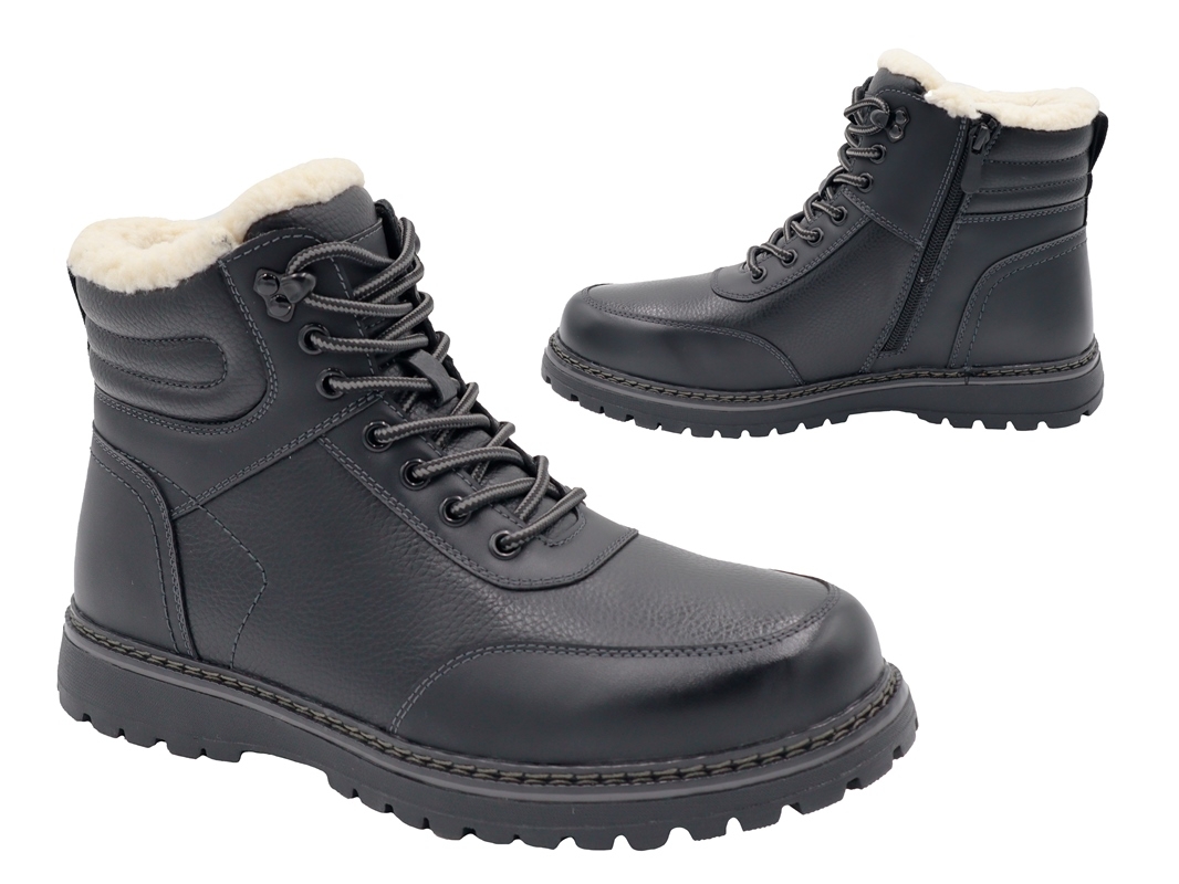 .He.-Knöchelschuh, TPR-Sohle, Schnürung+seitl. Reißverschluss, Fellrand, gefüttert, PU, schwarz