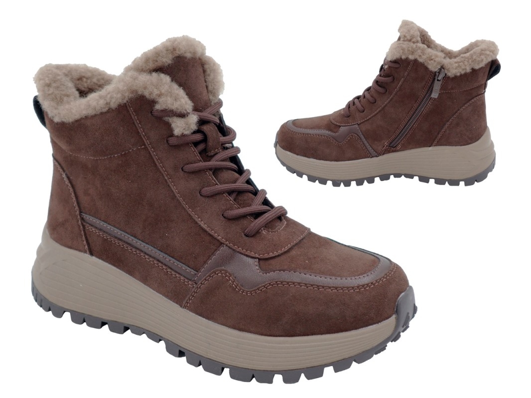 .Da.-Stiefelette, TPR-Sohle, Schnürung+seitl. Reißverschluss, Fellrand, Warmfutter m. Schurwolle, Wildleder, braun