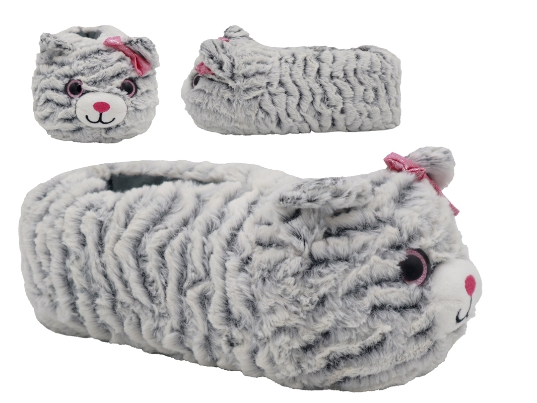 .Ki.-Tierhausschuh, TPR-Sohle, "Katze", Plüsch, grau