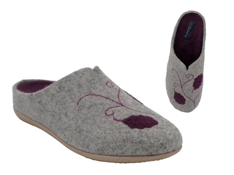 .Da.-Pantoffel, Sp. ,Filz/Mischgew., mit Blättern, herausnehmb. Innensohle, beige Sohle, grau-lila