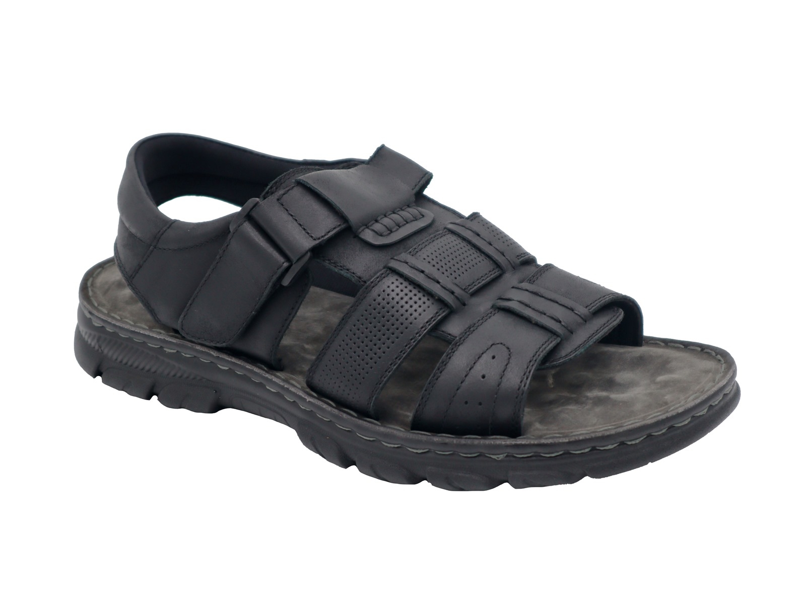 .He.-Sandalette, PU-Sohle, Klettverschl., Ziernähte, Leder, schwarz