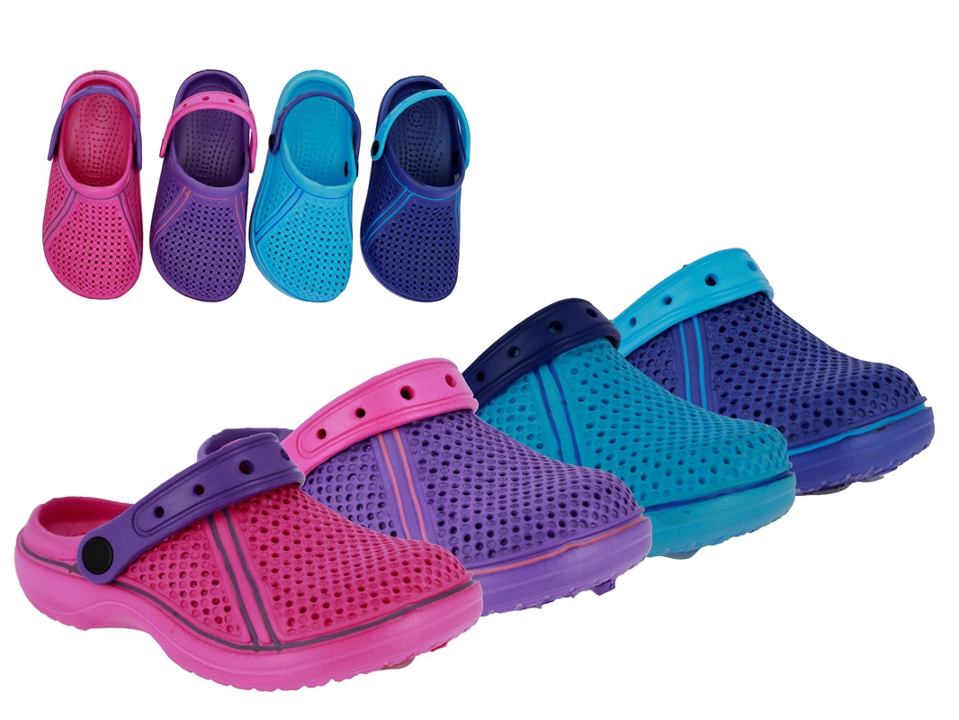 .Ki.- EVA-Clogs,mit Riemen,EVA-Sohle,Sticker + kl.Löcher, pink-lila+lila-pink+blau-hl.blau+hl.blau-blau