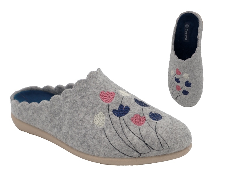 .Da.-Pantoffel, Sp., Filz/Mischgewebe, mit Gräsern, herausnehmb. Innensohle, beige Sohle, grau-navy