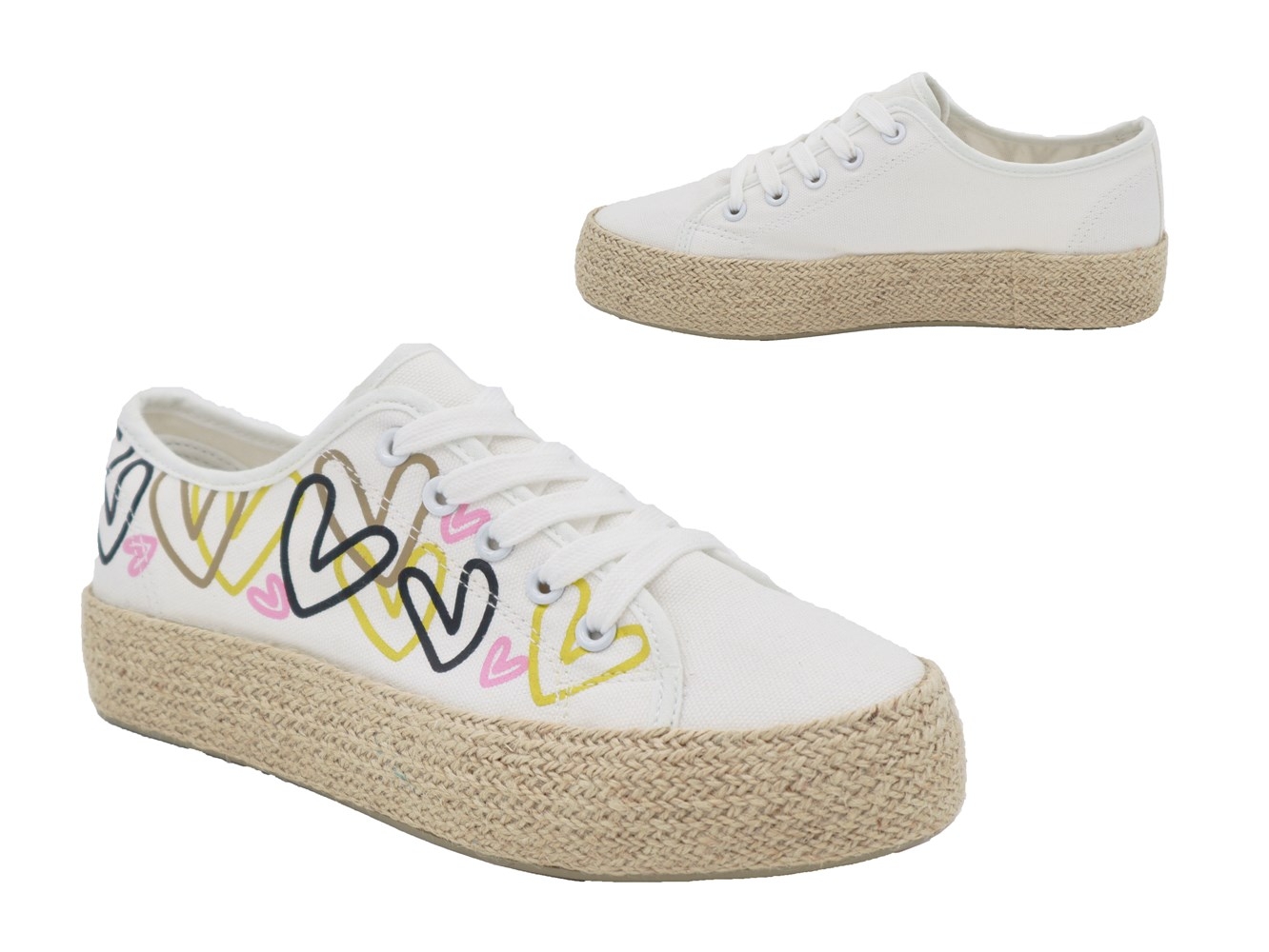 .Da.-Leinenschuhe, dicke Gummi-Sohle, Schnürer, bedruckt, Textil, weiß