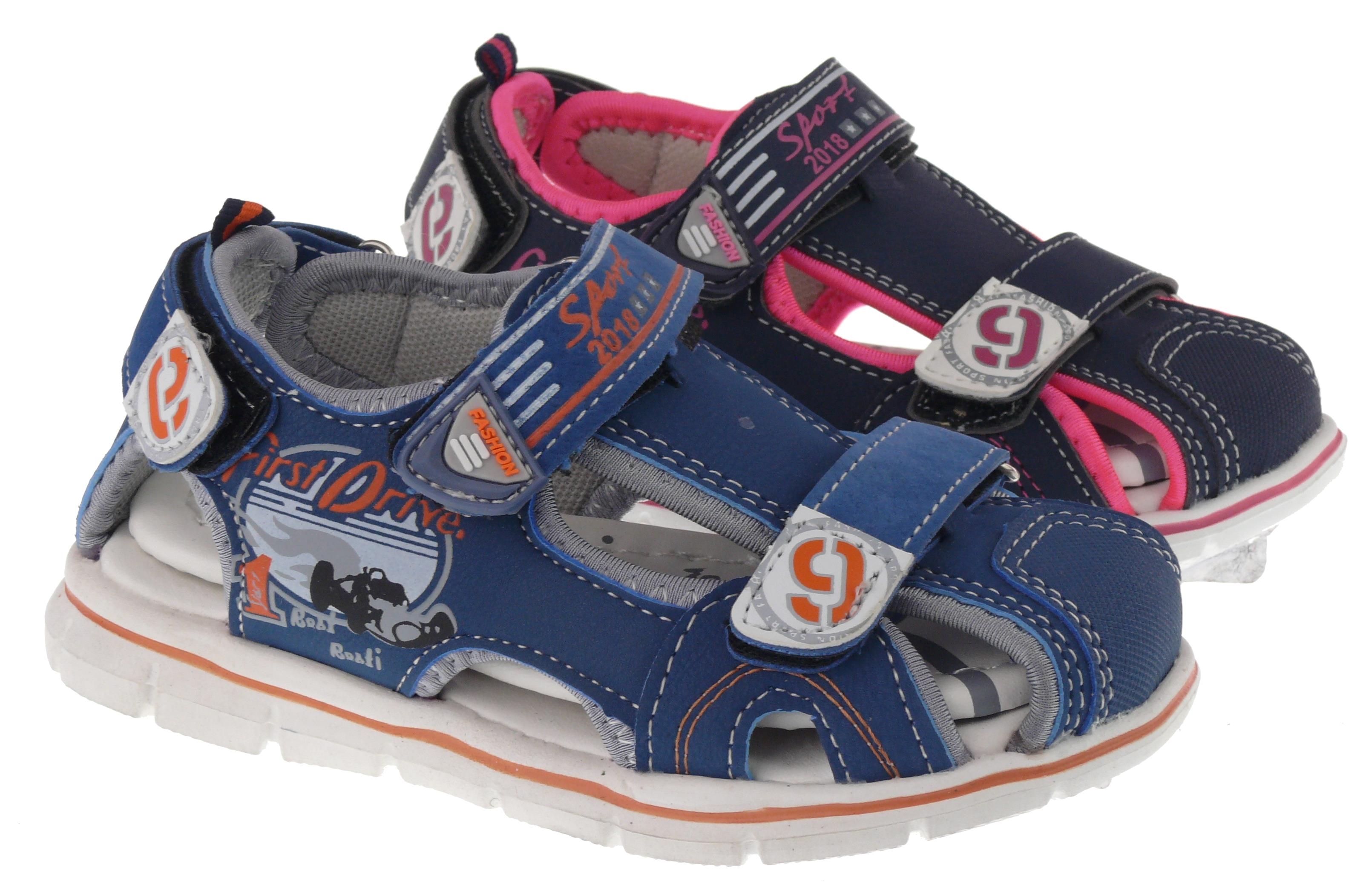 .Ki.-Sandalette, EVA-Sohle, 2 x Klett, hinten Klett, vorn zu, PU, navy-fuchsia+blau-grau