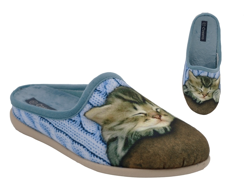 .Da.-Pantoffel, Sp., Samt, mit schlafender Katze, herausnehmbare Innensohle, flache Sohle, h.blau