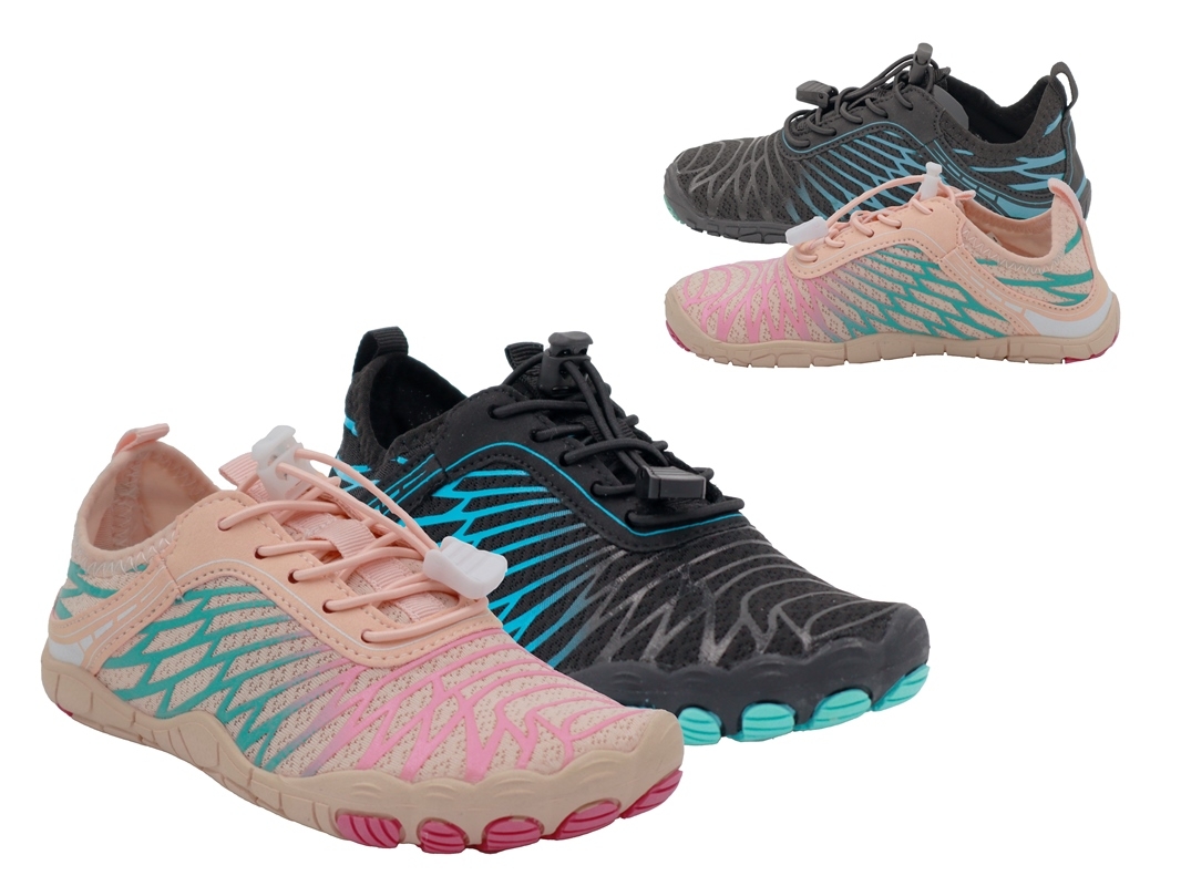 .Ki.-Barfußschuh, Gummi-Sohle, verstellbare elast. Schnürung, Mesh, orange-pink+schwarz-türkis