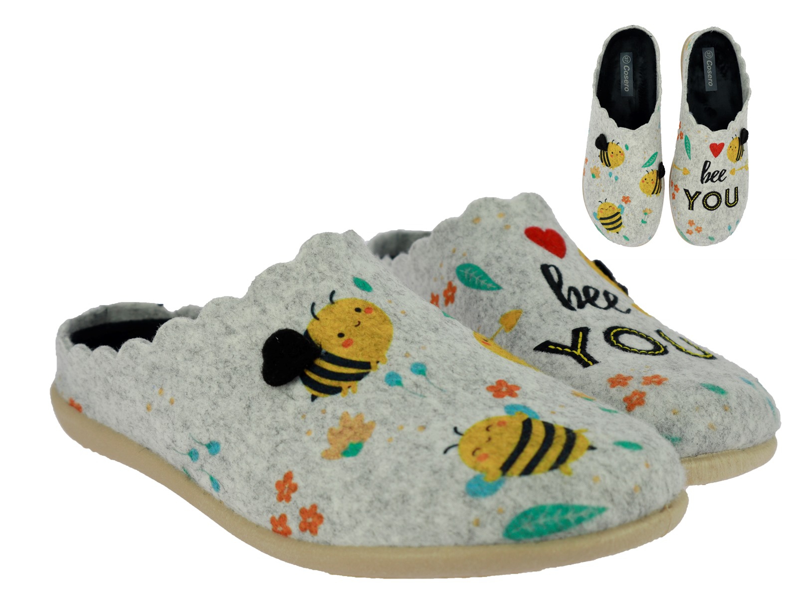 .Da.-Pantoffel, Sp., PU-Sohle, Biene "BEE YOU", mit Wechsel-FB, Filz, grau-gelb