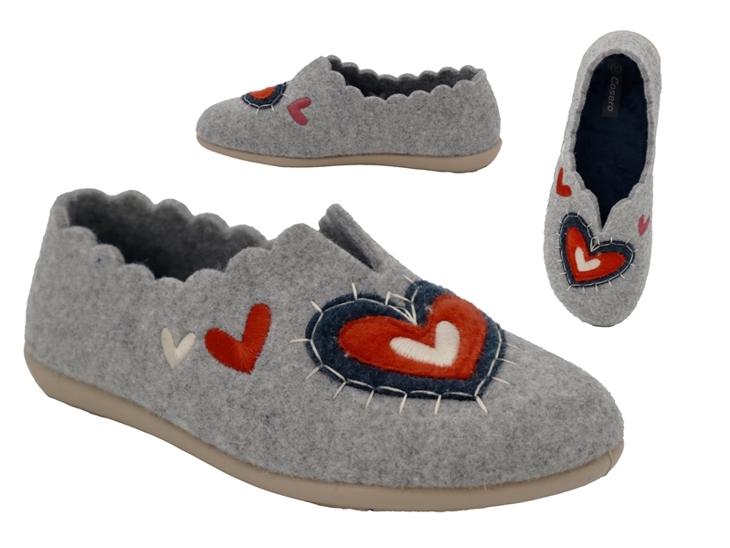 .Da.-Hausschuh, Sp., beige Sohle, Herzstickerei, mit Wechselsohle, Filzstoff, grau