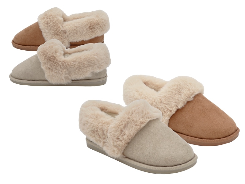 .Da.-Hausschuh, TPR-Sohle, Fellrand, Warmfutter, Microfiber, beige+braun