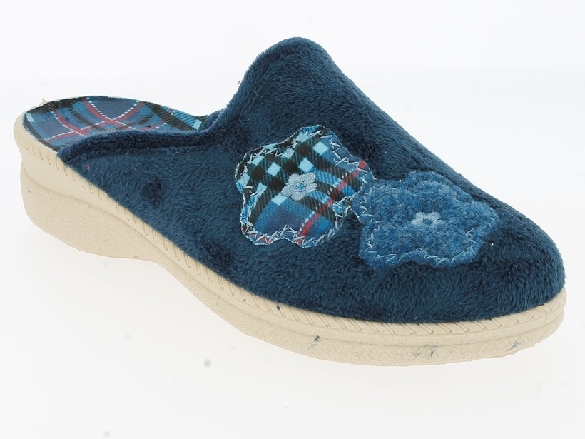 .Da.-Pantoffel, Sp., Samtplüsch mit Blumenappl., beige Sohle, navy