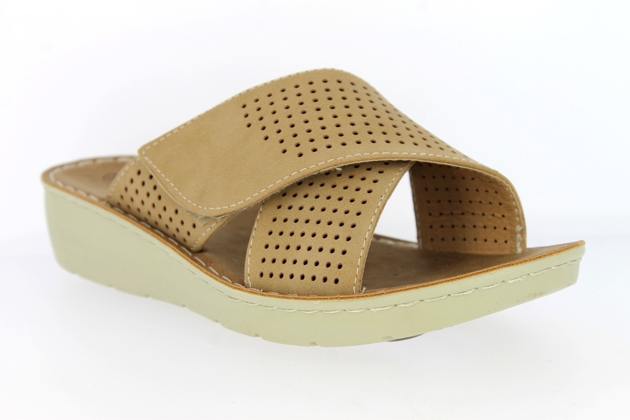 .Da.-Pantolette, PU-Sohle, gekreuzte Bandage mit Klettverschluss, PU, beige