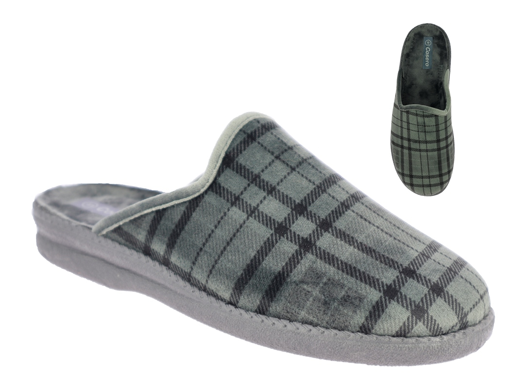 .He.-Pantoffel, Sp., PU-Sohle, kariert, Plüschrand, Plüsch, grau-schwarz