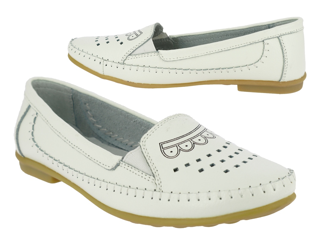 .Da.-Schuh, Slipper, Leder, Ziernähte, m. Löcher, Lederinnensohle, TPR-Sohle, weiß