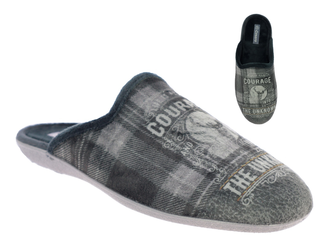 .He.-Pantoffel, Sp., Textil mit Aufdruck, PU-Sohle, schwarz