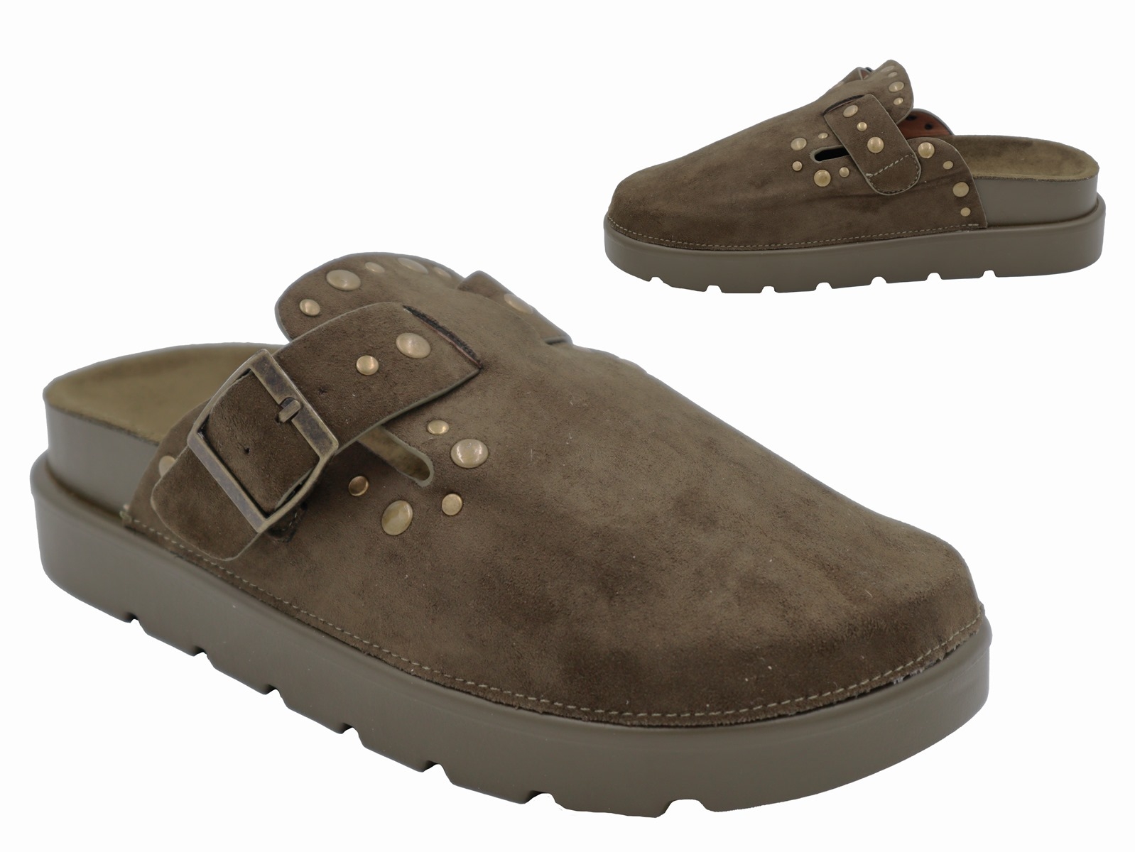 .Da.-Clog, PVC-Sohle, mit Schnalle und Ziernieten, Wildlederoptik, khaki