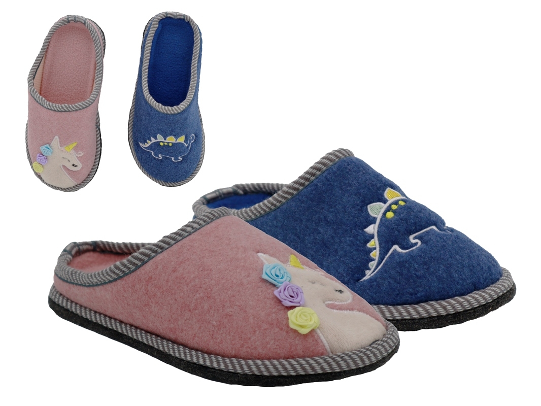 .Ki.-Pantoffel, Filz-Sohle mit Noppen, "Dino+Einhorn", Filz, rosa + grau