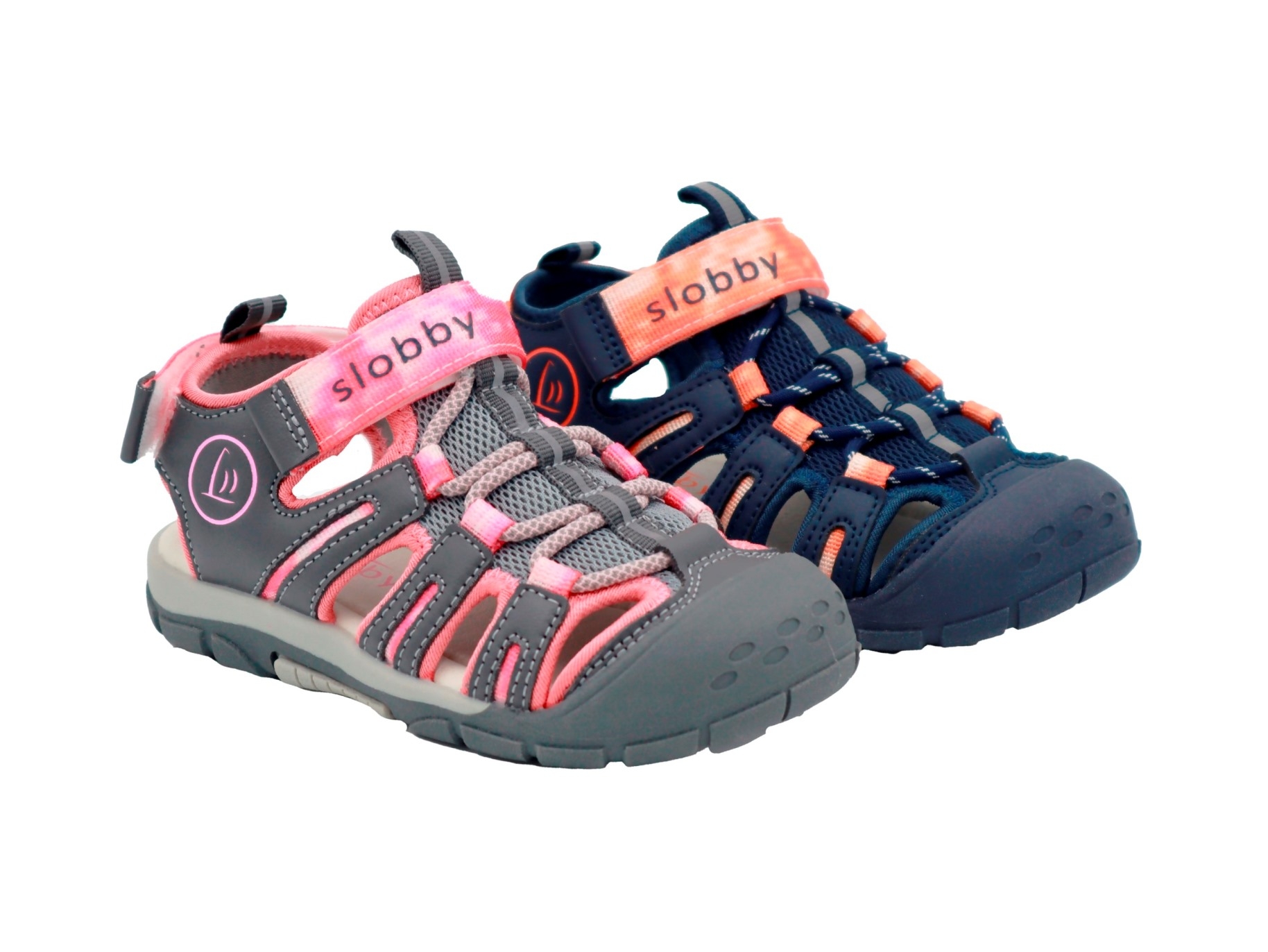 .Ki.-Sandalette, TPR-Sohle, 2x Klettverschl. gemustert, PU/Textil, grau-rosa + navy-orange