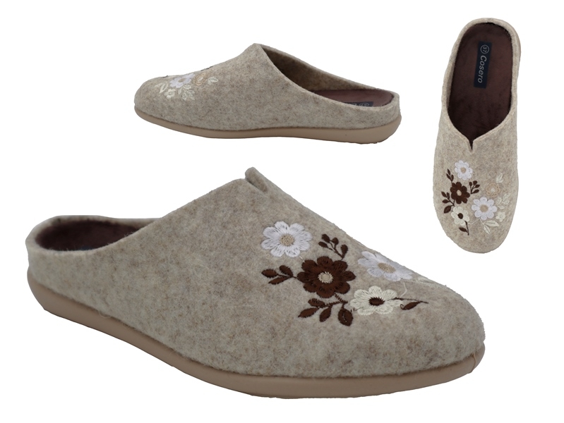 .Da.-Pantoffel, Sp., PU-Sohle, Blumenmuster, bestickt, mit Wechsel-FB, Filz, beige-braun