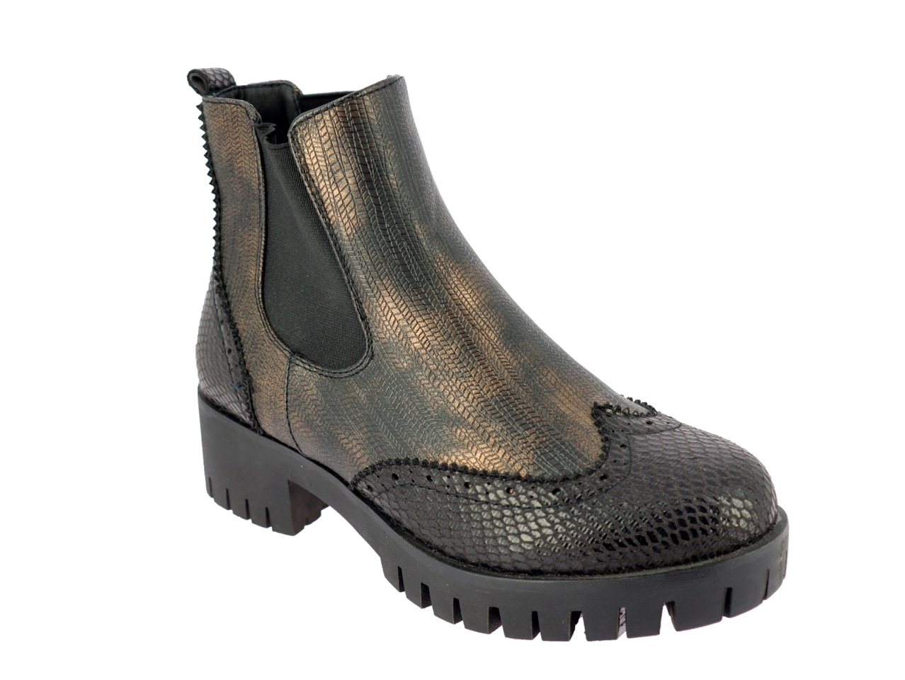 .Da.-Stiefelette, TPR-Sohle, 2 x gr. Gummizug, Blockabsatz, PU, Reptiloptik, leicht gefüttert, schwarz-bronze