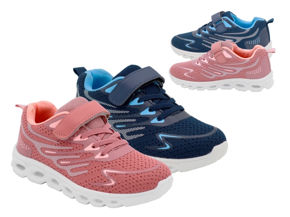 .Ki.-Sportschuh, EVA-Sohle, elast. Schnürung + Klettverschl., Strickoptick, Textil, rosé-pink+navy-hellblau