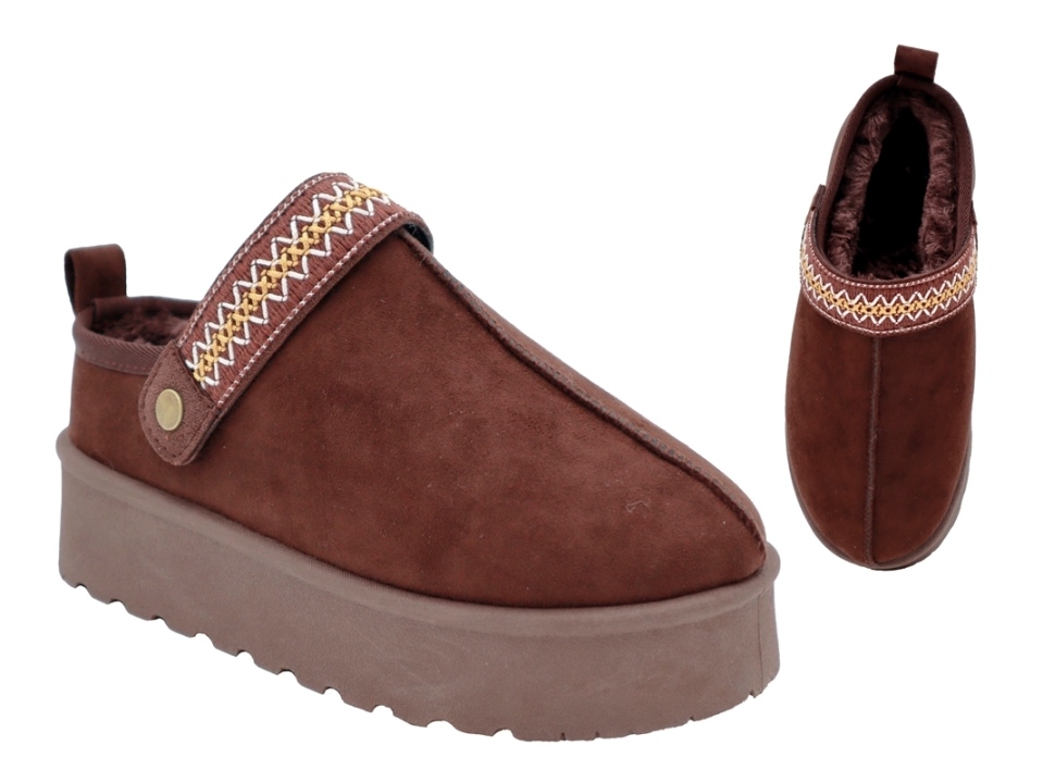.Da.-Clog, dicke PVC-Sohle, mit besticktem Riemen, Warmutter, Microfiber, dunkelbraun