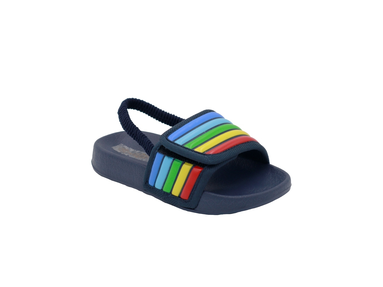 .Ki.-Badepantolette, EVA, mit Gummiriemen+Klett, Regenbogen, navy