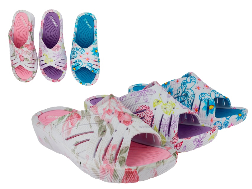 .Da.-Badepantolette, EVA-Sohle, Keilabsatz, Blumenmuster, rosa+lila+blau