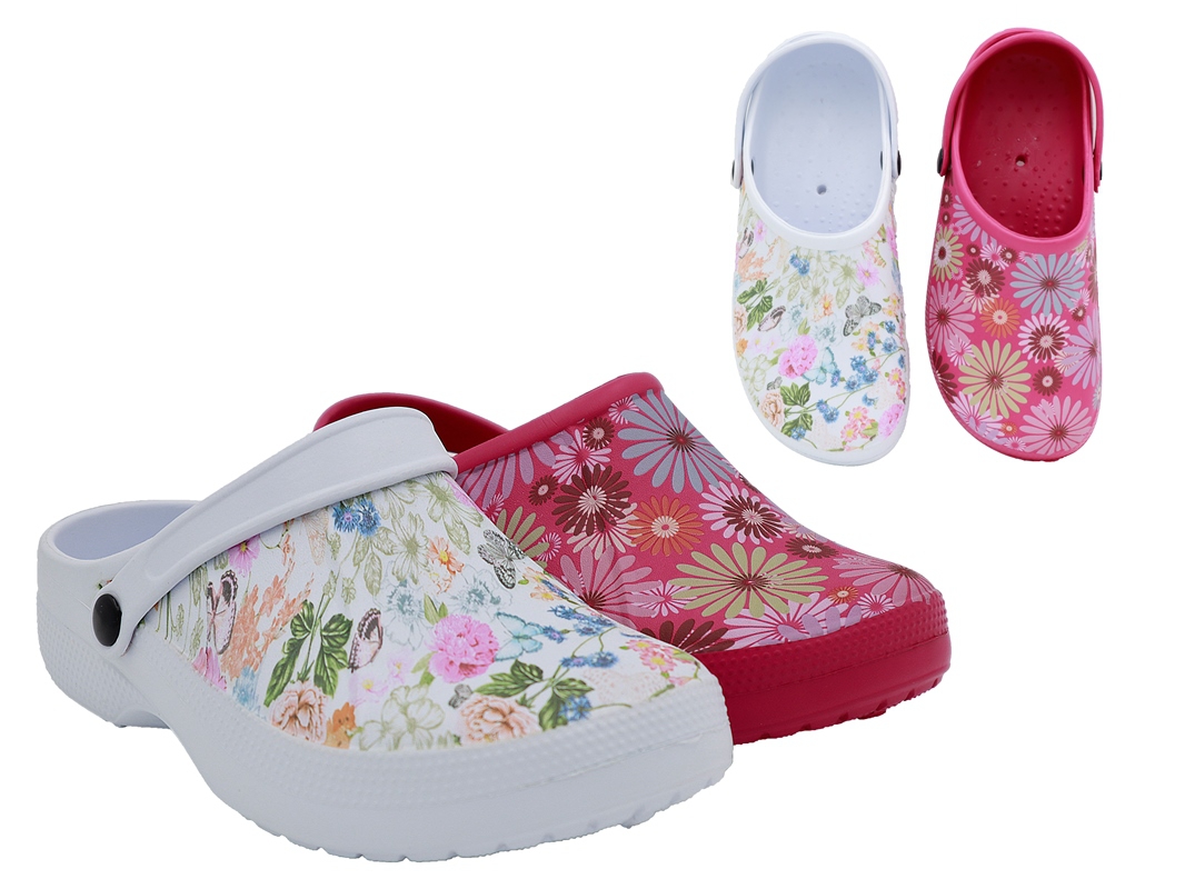 . Da.-EVA-Clogs, m. Riemen, ohne Löcher, Blumenmuster, weiß+pink
