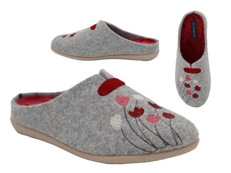 .Da.-Pantoffel, Sp., PU-Sohle, Blumenmuster, bestickt, mit Wechsel-FB, Filz, grau-bordeaux