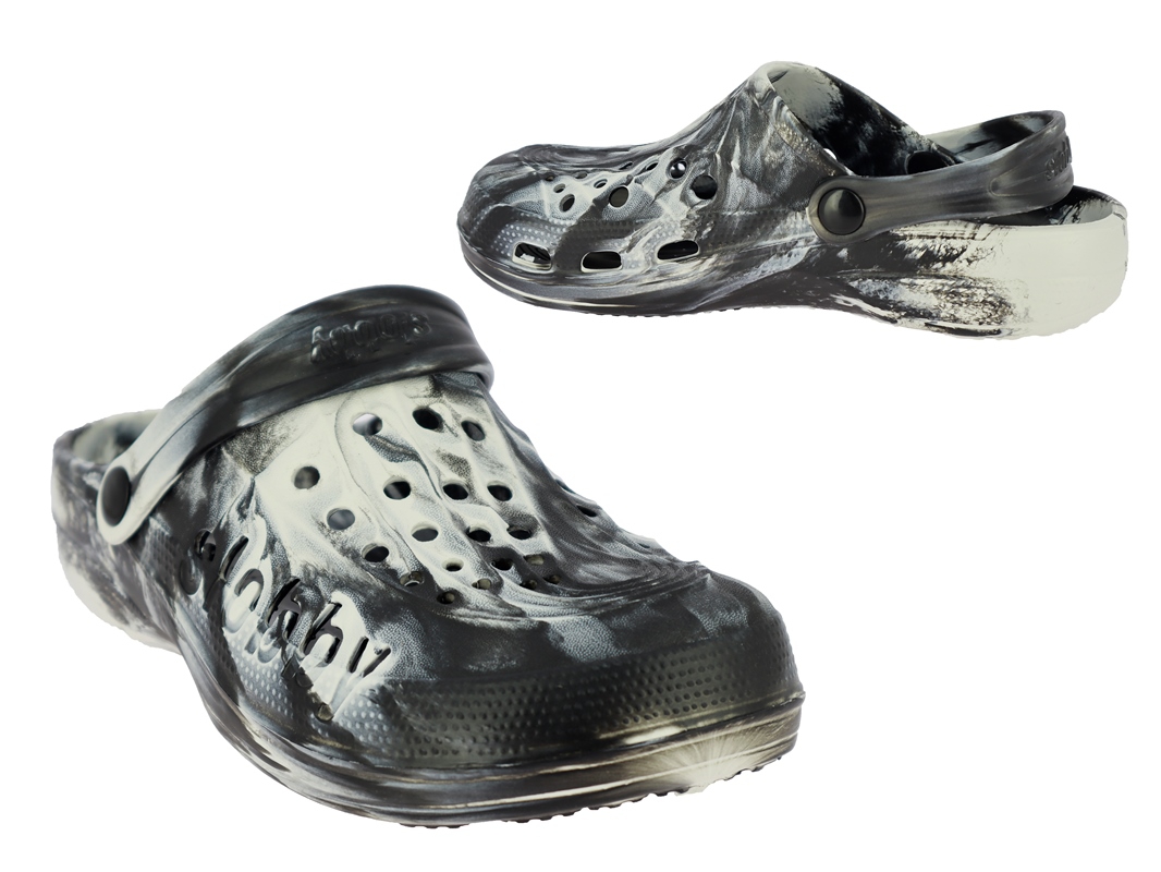 . Da.-EVA-Clogs, SLOBBY, m. Riemen u. kl. Löchern, Batikoptik,schwarz-weiß