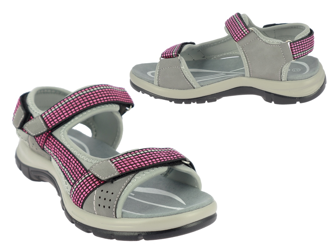 .Da.-Sandalette, PU-Sohle, 3x Klettverschl., PU/Textil, grau-fuchsia