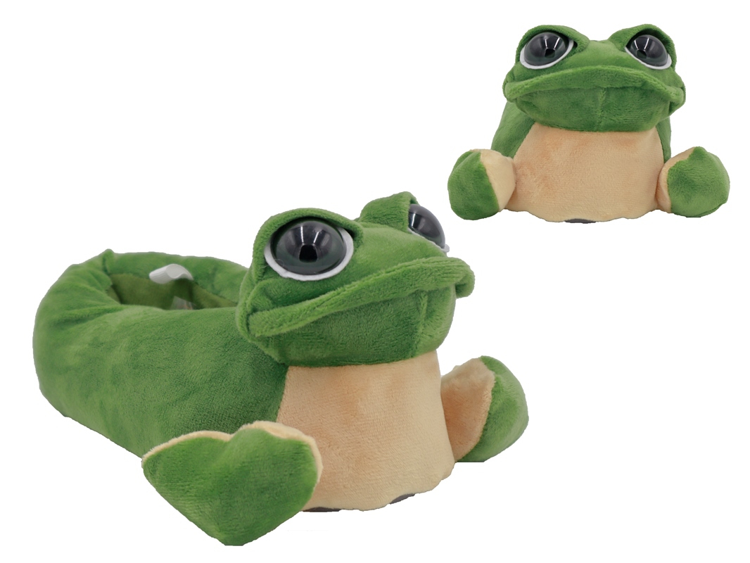 .Ki./Da.-Tierhausschuh, Frosch, Noppen - Textil-Sohle, Doppelgr., plüsch, grün