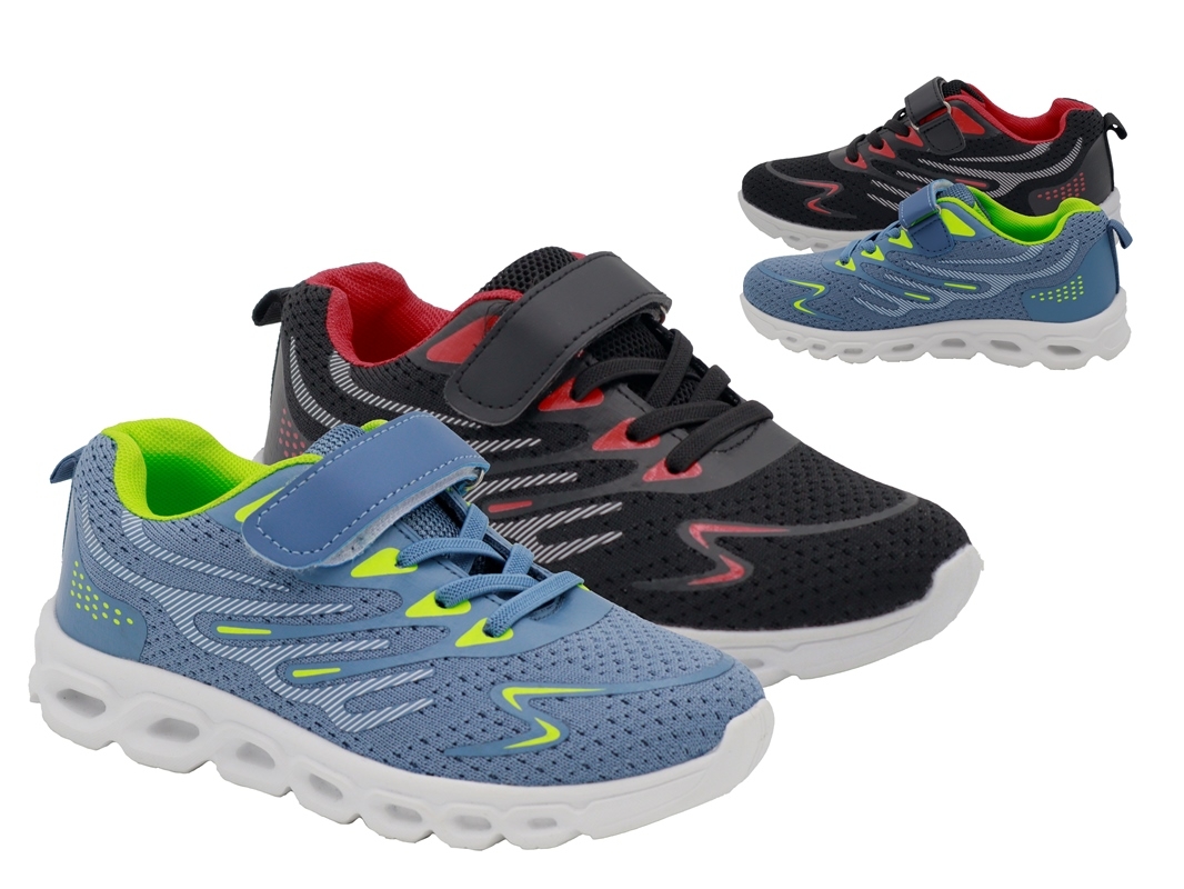 .Ki.-Sportschuh, EVA-Sohle, elast. Schnürung + Klettverschl., Strickoptick, Textil, schwarz-rot+blau-grün