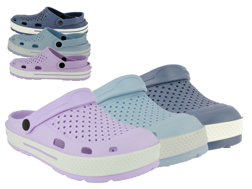 .Da.-EVA-Clogs, mit Löchern+Riemen, lila + hl.blau + navy