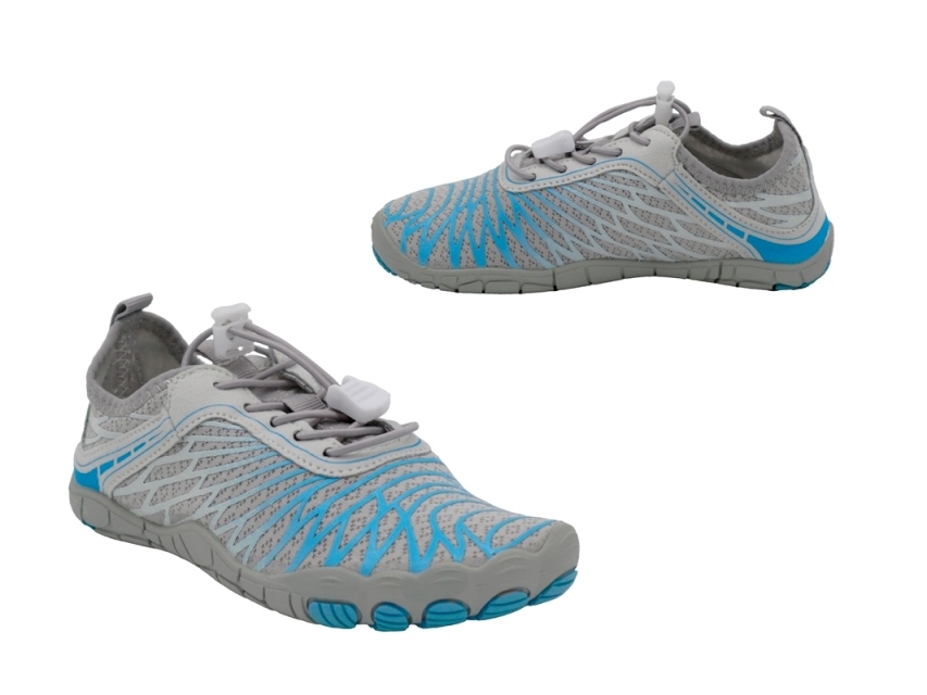 .Ki.-Barfußschuh, Gummi-Sohle, verstellbare elast. Schnürung, Mesh, grau-blau