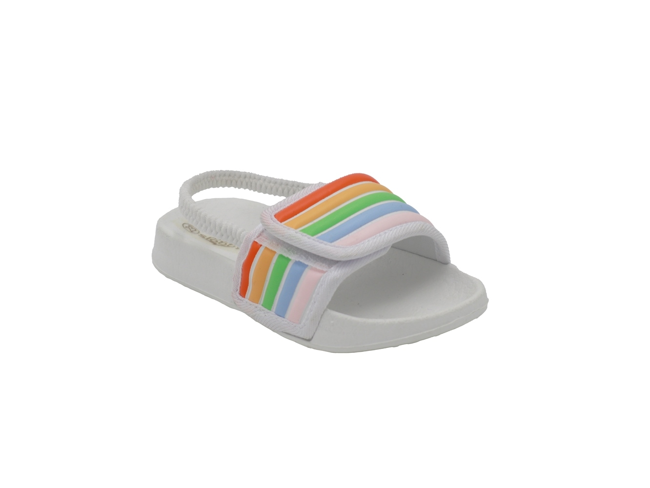 .Ki.-Badepantolette, EVA, mit Gummiriemen+Klett, Regenbogen, weiß
