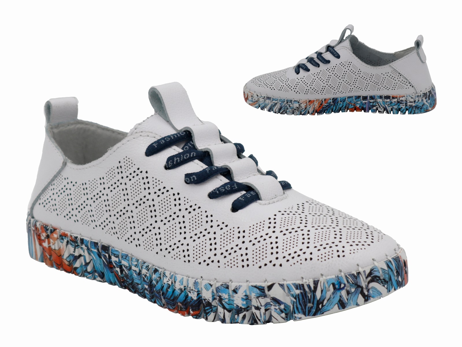 .Da.-Schuh, bunte Gummi-Sohle, Schnürung, Lochmuster, Lederinnensohle, Leder, weiß-blau