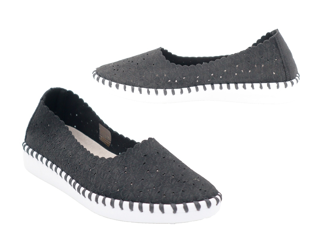 .Da.-Freizeitschuh, Ballerina, ultraflexible Gummisohle, Leder-Wechselsohle, Microfaser, Blumenmuster, schwarz
