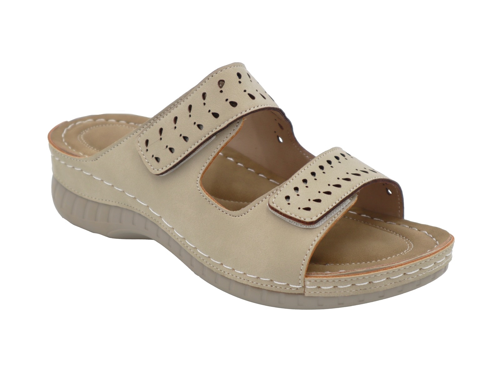 .Da.-Pantolette, PU-Sohle, 2x Klettverschl., Lochmuster, PU, beige